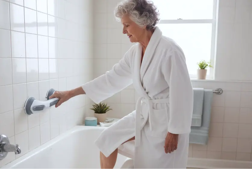 Suction grab bar used on a marble bathroom wall, a shower, a boat cabin, and an RV