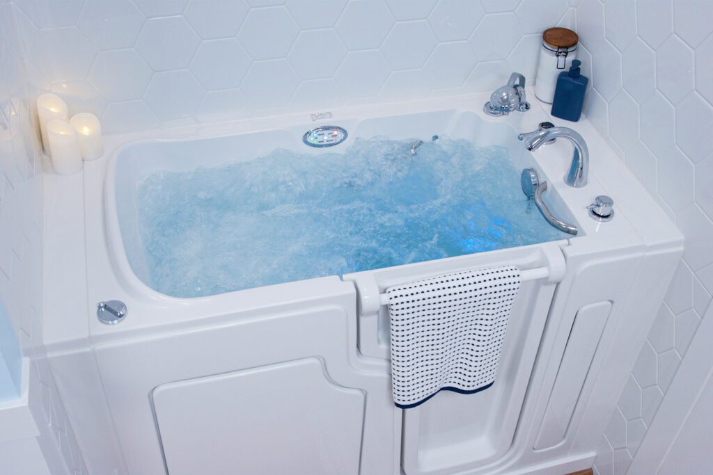 Close-up of hydrotherapy jets built into a walk-in tub wall