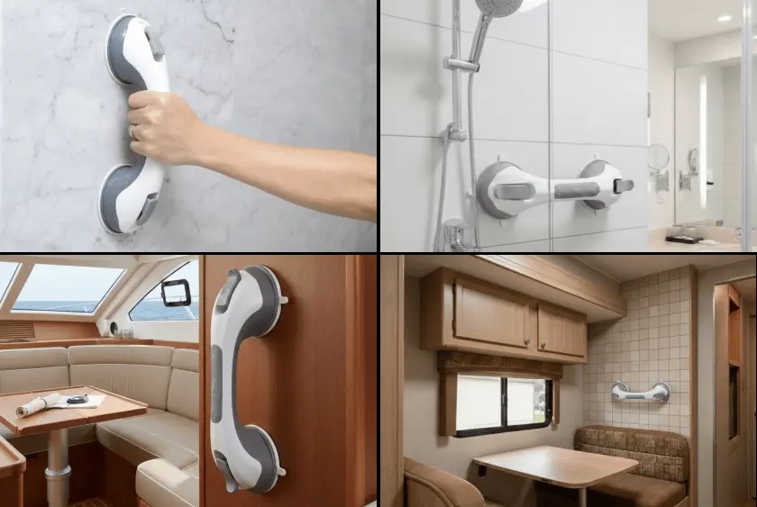 Stable Grip safety bar mounted on clean modern white bathroom tile