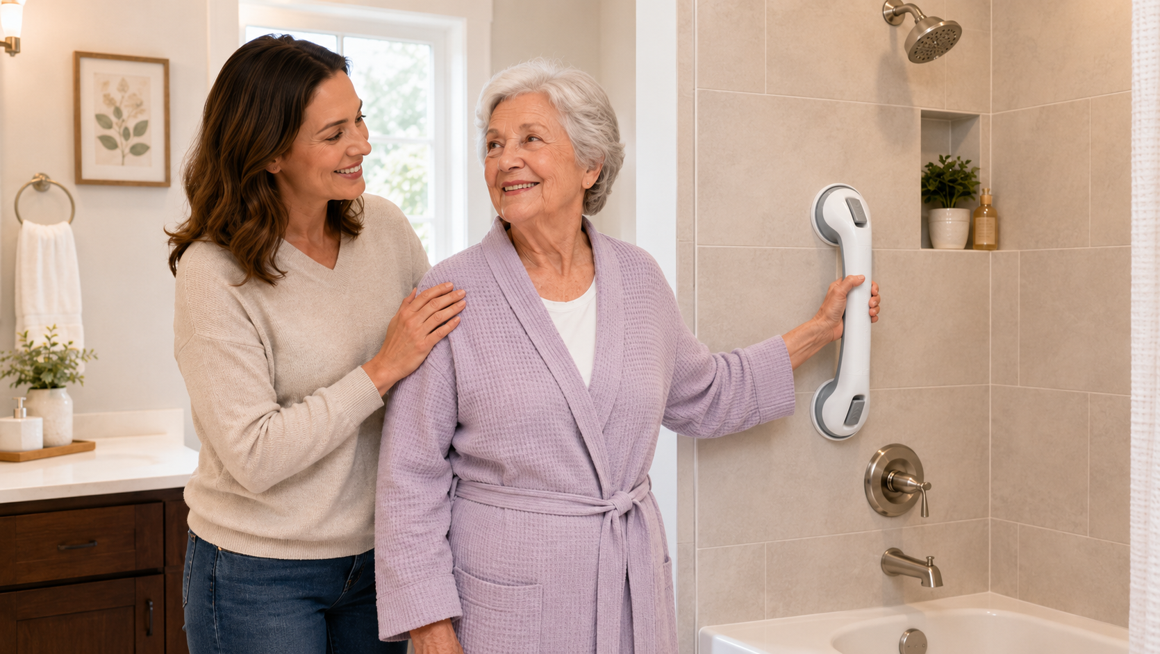 Mother and adult daughter in a clean modern bathroom, soft daylight